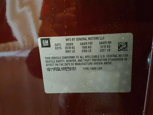 1G11F5SL1FF259151 - 2015 CHEVROLET MALIBU LTZ 栗色 照片 10