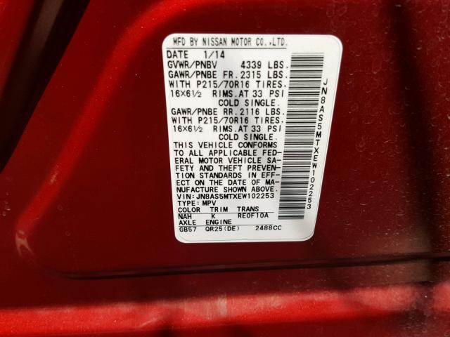 JN8AS5MTXEW102253 - 2014 NISSAN ROGUE SELE RED photo 10