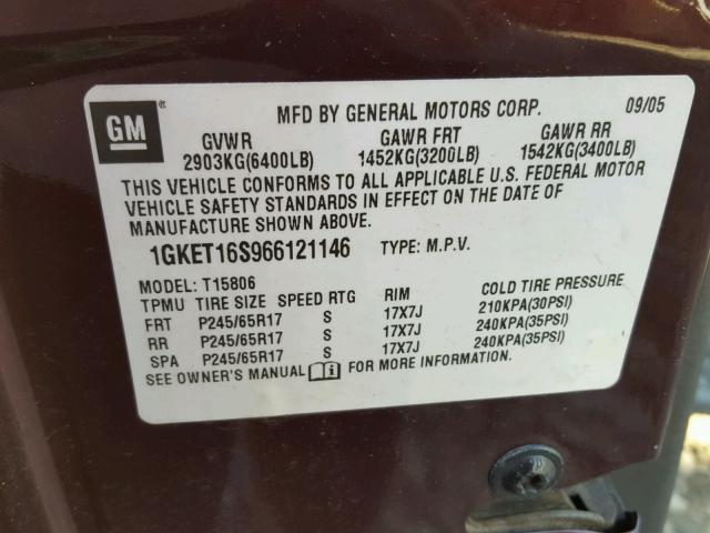 1GKET16S966121146 - 2006 GMC ENVOY XL BURGUNDY photo 10