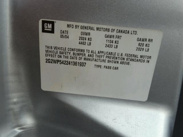 2G2WP542241361937 - 2004 PONTIAC GRAND PRIX Сріблястий фото 10