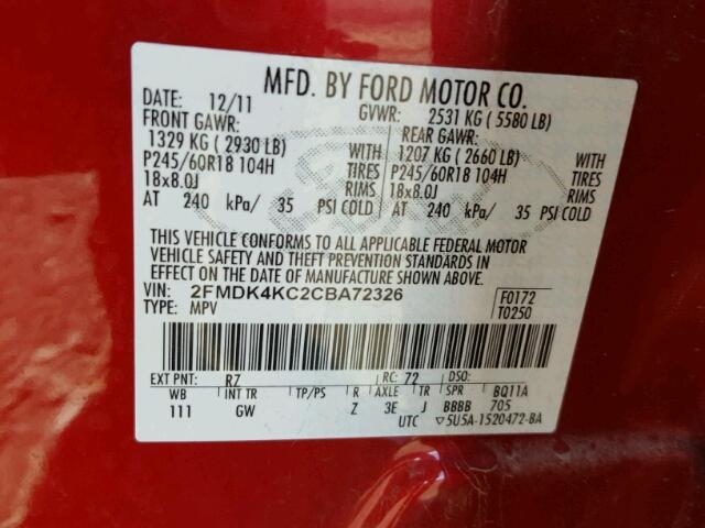 2FMDK4KC2CBA72326 - 2012 FORD EDGE LIMIT RED photo 10