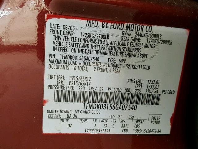 1FMDK03156GA07540 - 2006 FORD FREESTYLE RED photo 10