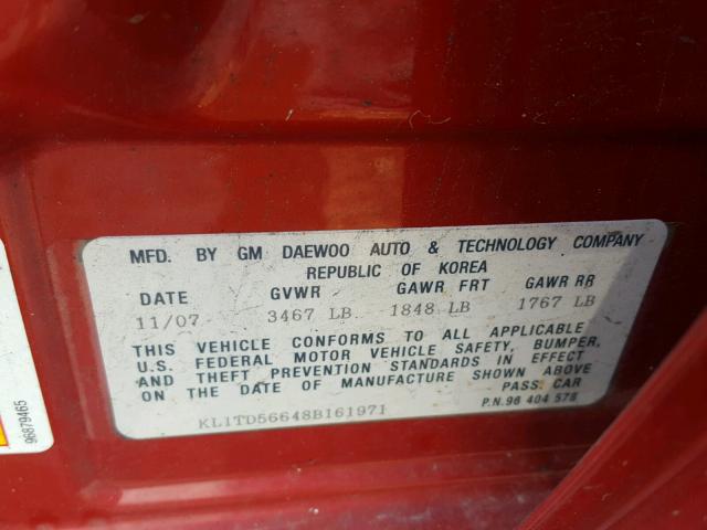 KL1TD56648B161971 - 2008 CHEVROLET AVEO BASE Қызыл фото 10