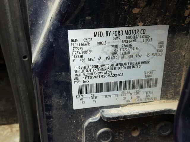 1FTSW21R28EA32303 - 2008 FORD F250 BLUE photo 10