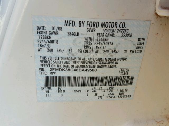 2FMDK38C48BA49560 - 2008 FORD EDGE SEL WHITE photo 10