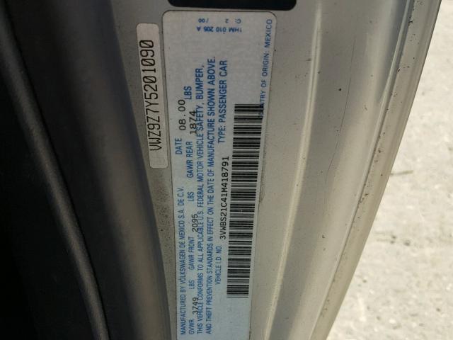 3VWBS21C41M418791 - 2001 VOLKSWAGEN NEW BEETLE ვერცხლისფერი ფოტო 10