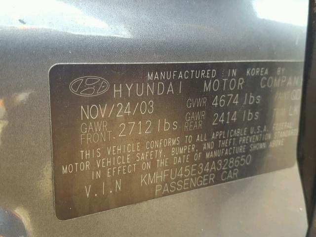 KMHFU45E34A328650 - 2004 HYUNDAI XG 350 GRAY photo 10