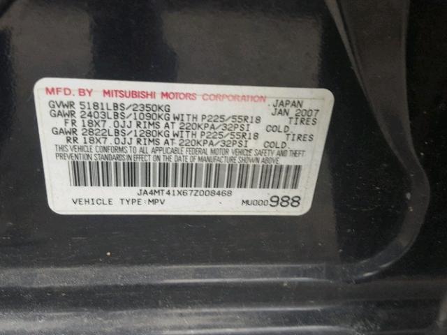 JA4MT41X67Z008468 - 2007 MITSUBISHI OUTLANDER BLACK photo 10