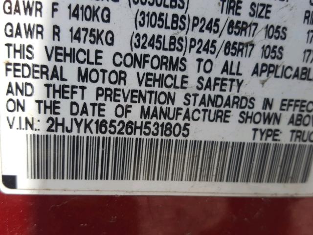 2HJYK16526H531805 - 2006 HONDA RIDGELINE MAROON photo 10