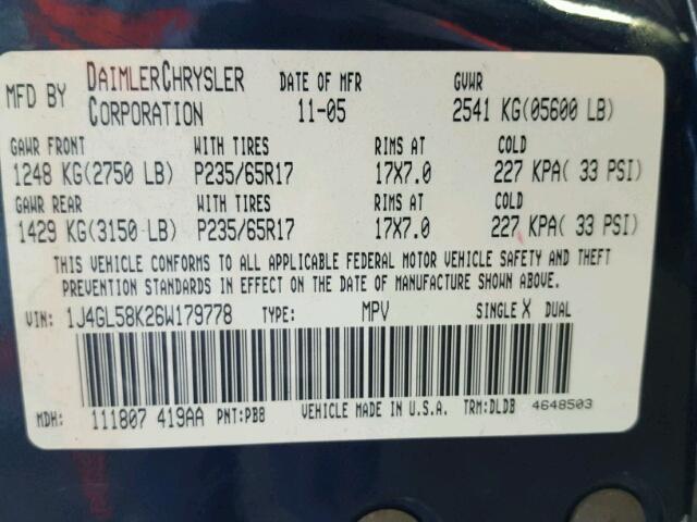 1J4GL58K26W179778 - 2006 JEEP LIBERTY LI BLUE photo 10