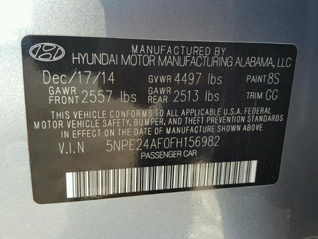 5NPE24AF0FH156982 - 2015 HYUNDAI SONATA SE ვერცხლისფერი ფოტო 10