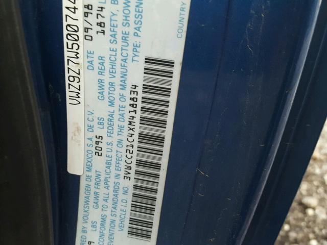 3VWCC21C4XM418834 - 1999 VOLKSWAGEN NEW BEETLE ლურჯი ფოტო 10