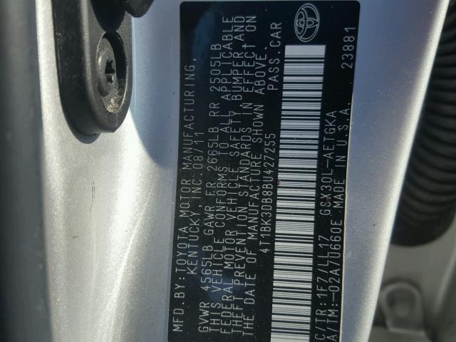 4T1BK3DB8BU427255 - 2011 TOYOTA AVALON BAS SILVER photo 10