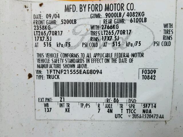 1FTNF21555EA88094 - 2005 FORD F250 SUPER YELLOW photo 10