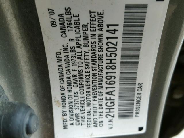 2HGFA16918H502141 - 2008 HONDA CIVIC EXL 石墨色 照片 10