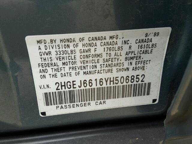 2HGEJ6616YH506852 - 2000 HONDA CIVIC BASE Mavi foto 10