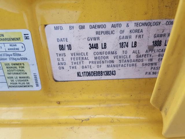 KL1TD6DE0BB138243 - 2011 CHEVROLET AVEO LS YELLOW photo 10