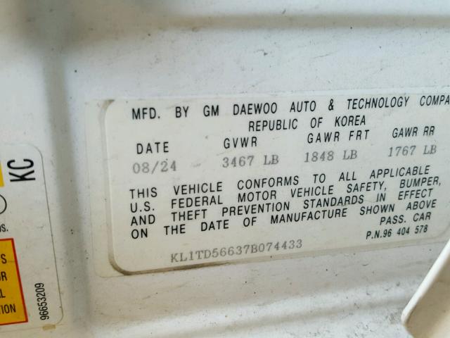 KL1TD56637B074433 - 2007 CHEVROLET AVEO BASE Ақ фото 10