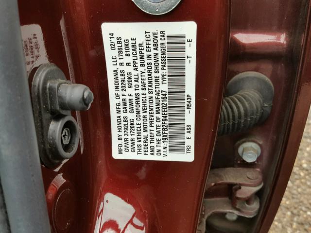 19XFB2F94EE021647 - 2014 HONDA CIVIC EXL 勃艮第红 照片 10