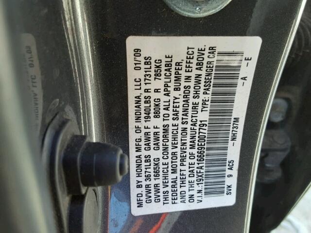 19XFA16669E007791 - 2009 HONDA CIVIC GRAY photo 10