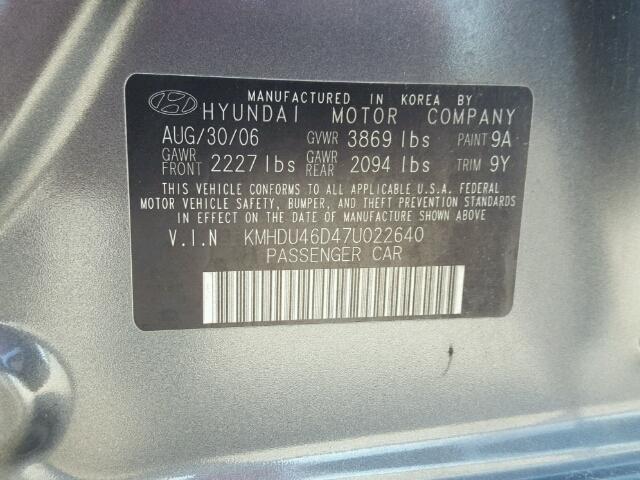 KMHDU46D47U022640 - 2007 HYUNDAI ELANTRA GL CHARCOAL photo 10