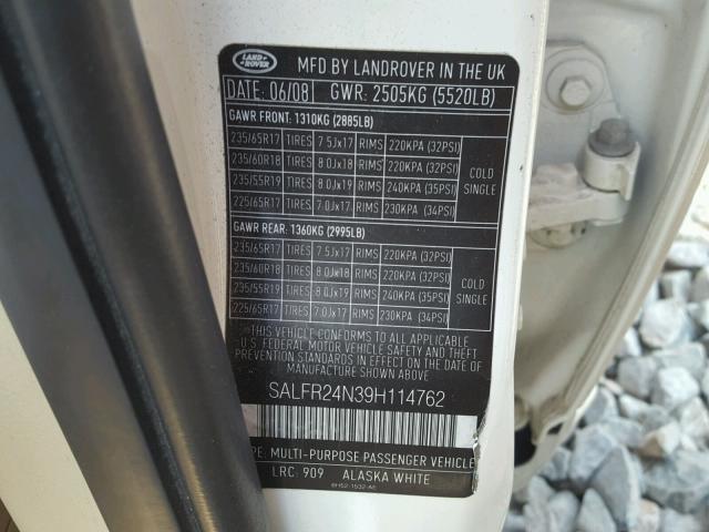 SALFR24N39H114762 - 2009 LAND ROVER LR2 HSE WHITE photo 10