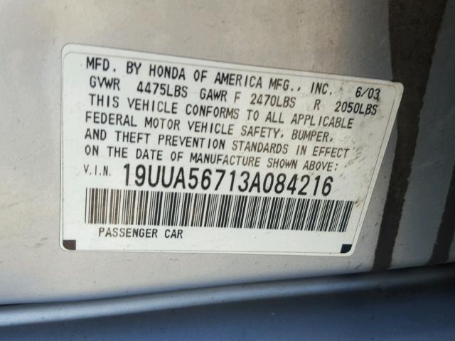 19UUA56713A084216 - 2003 ACURA 3.2TL SILVER photo 10