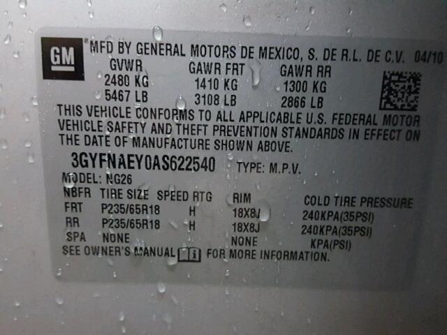 3GYFNAEY0AS622540 - 2010 CADILLAC SRX LUXURY SILVER photo 10