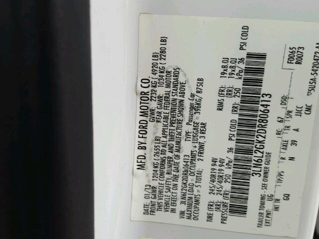 3LN6L2GK2DR806413 - 2013 LINCOLN MKZ Սպիտակ լուսանկար 10