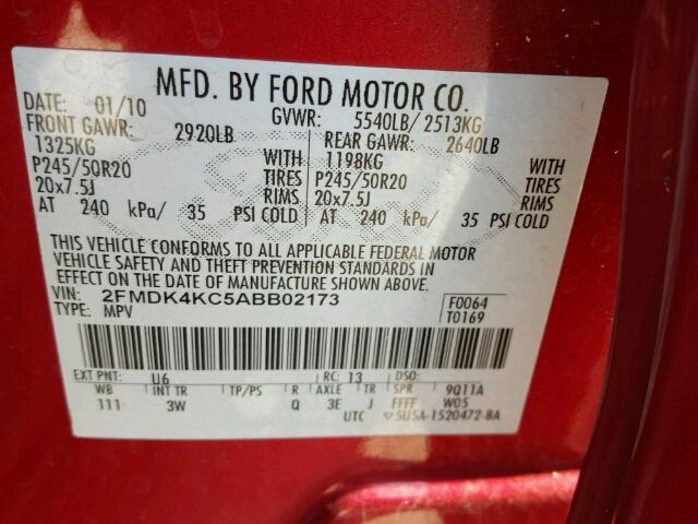 2FMDK4KC5ABB02173 - 2010 FORD EDGE LIMIT RED photo 10