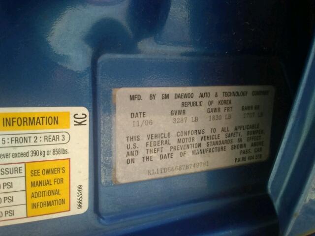 KL1TD66687B749781 - 2007 CHEVROLET AVEO BASE Mavi foto 10