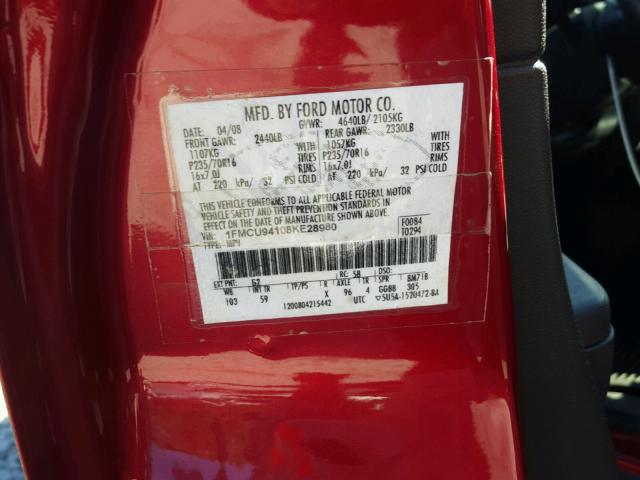 1FMCU94108KE28980 - 2008 FORD ESCAPE LIM RED photo 10