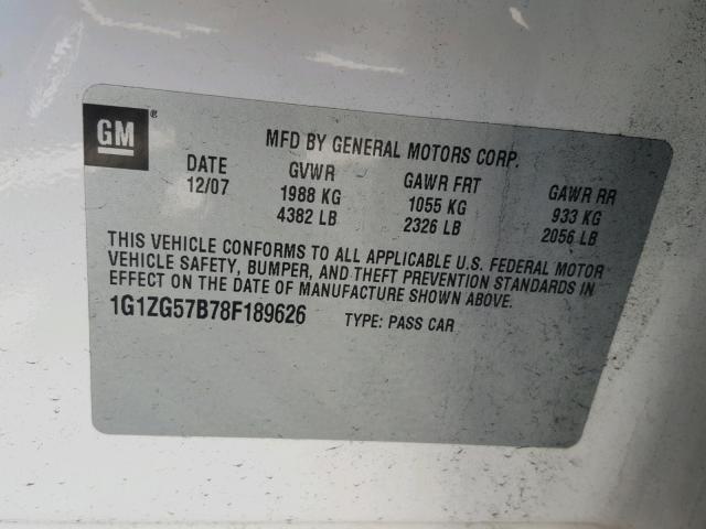 1G1ZG57B78F189626 - 2008 CHEVROLET MALIBU LS თეთრი ფოტო 10