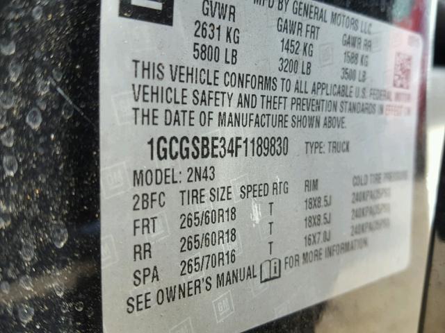 1GCGSBE34F1189830 - 2015 CHEVROLET COLORADO L BLACK photo 10