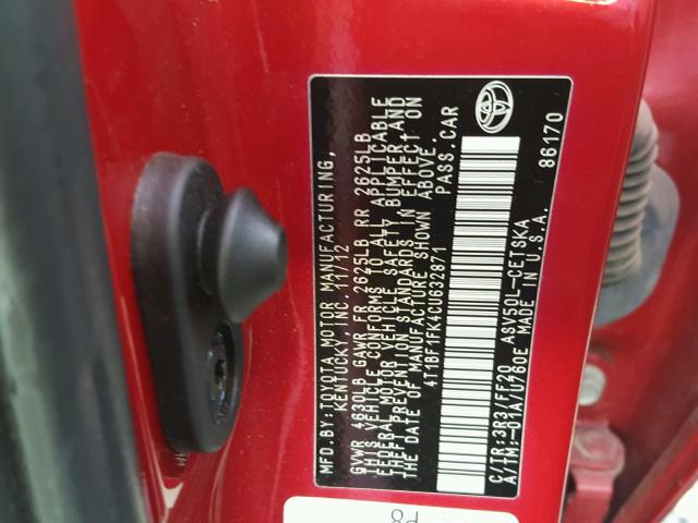 4T1BF1FK4CU632871 - 2012 TOYOTA CAMRY RED photo 10