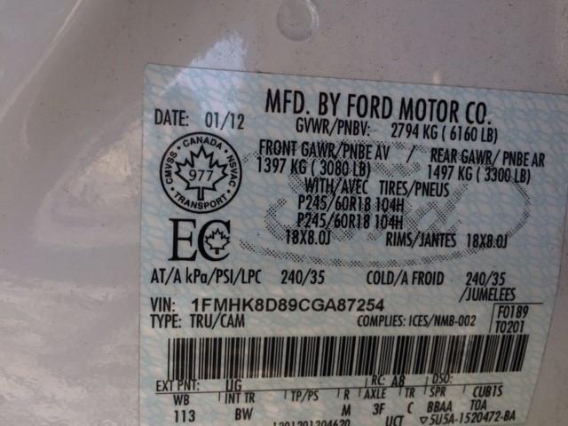 1FMHK8D89CGA87254 - 2012 FORD EXPLORER X WHITE photo 9