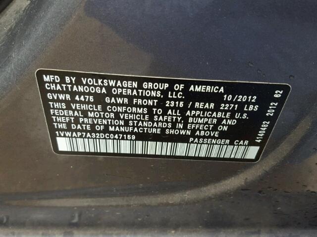 1VWAP7A32DC047159 - 2013 VOLKSWAGEN PASSAT S CHARCOAL photo 10