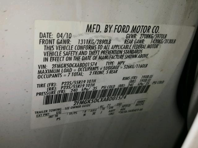 2FMGK5DCXABD01574 - 2010 FORD FLEX LIMIT WHITE photo 10