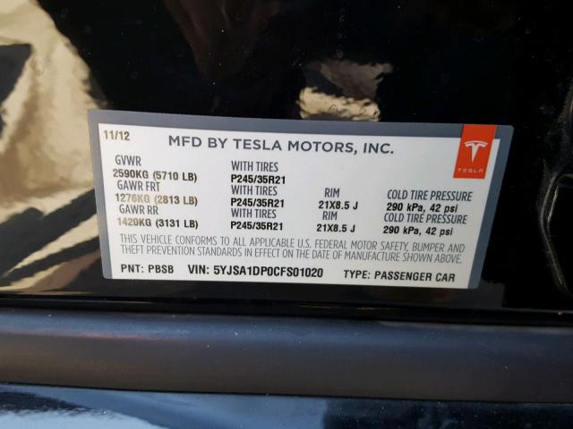 5YJSA1DP0CFS01020 - 2012 TESLA MODEL S BLACK photo 10