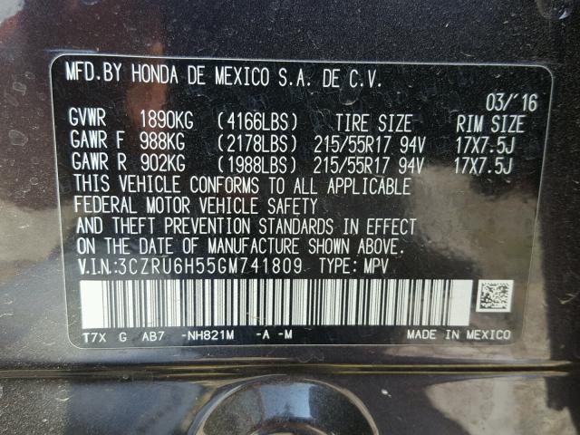 3CZRU6H55GM741809 - 2016 HONDA HR-V EX GRAY photo 10