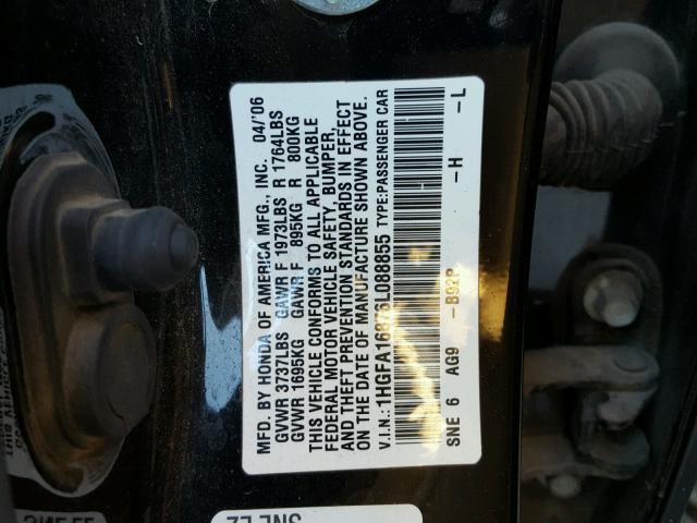 1HGFA16876L088855 - 2006 HONDA CIVIC EX 黑色 照片 10