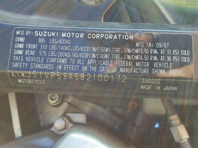 JS1VP53A582100172 - 2008 SUZUKI SV650 BLACK photo 10