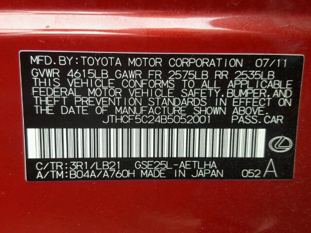 JTHCF5C24B5052001 - 2011 LEXUS IS RED photo 10