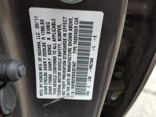 19XFB2F93CE301847 - 2012 HONDA CIVIC EXL 银色 照片 10