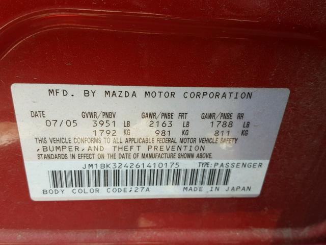 JM1BK324261410175 - 2006 MAZDA 3 S RED photo 10