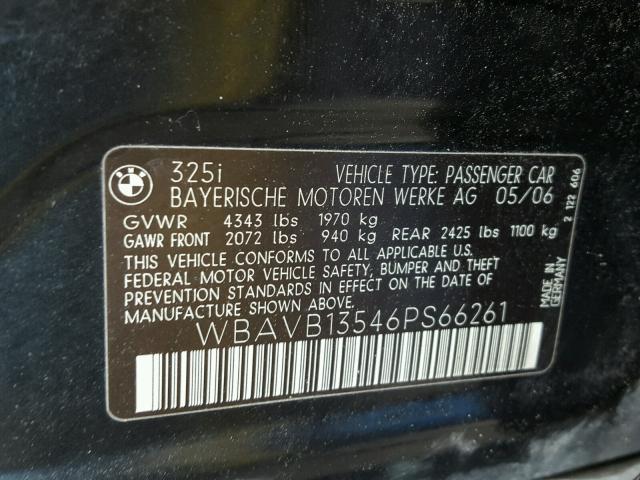 WBAVB13546PS66261 - 2006 BMW 325 BLACK photo 10