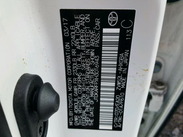 JTDKARFPXH3016943 - 2017 TOYOTA PRIUS PRIM თეთრი ფოტო 10