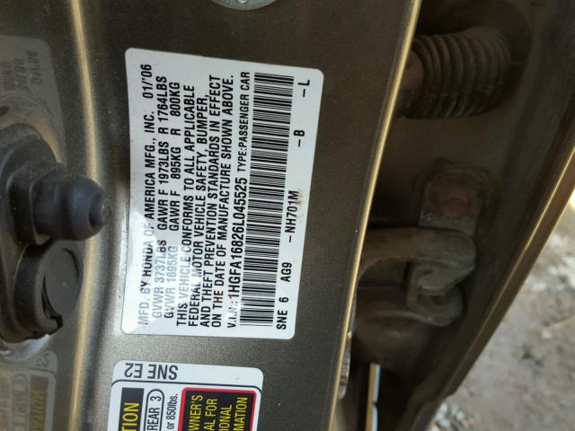 1HGFA16826L045525 - 2006 HONDA CIVIC CHARCOAL photo 10