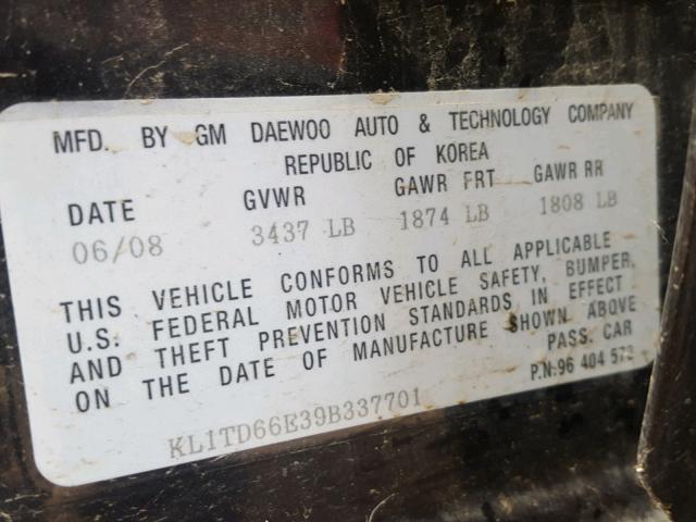 KL1TD66E39B337701 - 2009 CHEVROLET AVEO LS BLACK photo 10