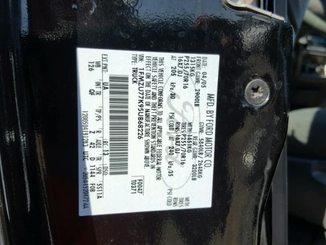 1FMZU77K95UB68226 - 2005 FORD EXPLORER S BLACK photo 10